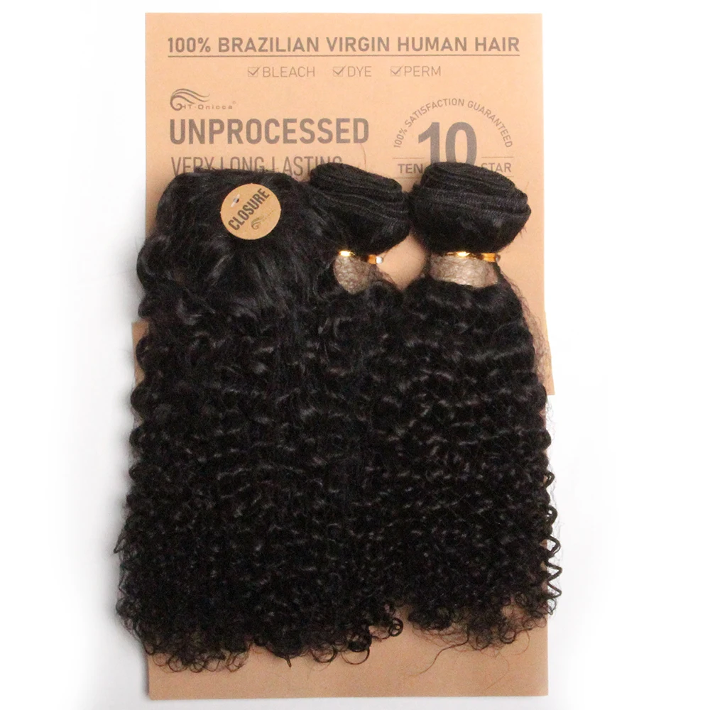 Pacotes curtos e encaracolados com fecho de cabelo humano brasileiro 3 pacotes com fecho 3 + 1 pacotes de cabelo encaracolado e fecho circular
