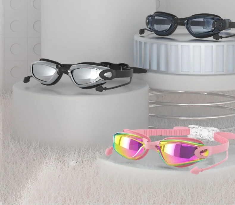 Gafas de buceo profesionales galvanizadas para hombres y mujeres, gafas con tapones para los oídos todo en uno, antiniebla, impermeables, gafas de natación HD
