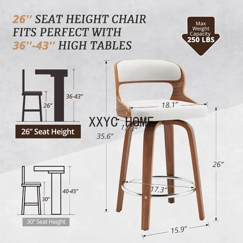 Barstools, Counter Height Bar Stools, 26" Faux Leather Swivel Counter Stools, Mid Century Bar Stool Set of 4