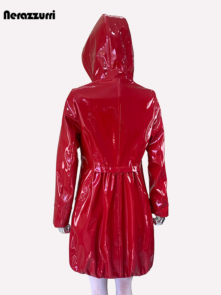 Nerazzurri Frühlingsjacke, wasserdicht, glänzend, reflektierend, schwarzes Lackleder, Damenjacke mit Kapuze, Reißverschluss, rote Herbstkleidung