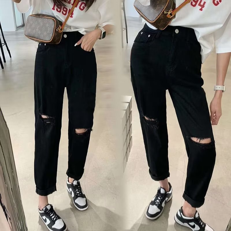 High Waist Ripped Skinny Jeans Women's Summer Thin Loose Elastic plus Size Bla Nine Point Straight Leg Pants Small Figures