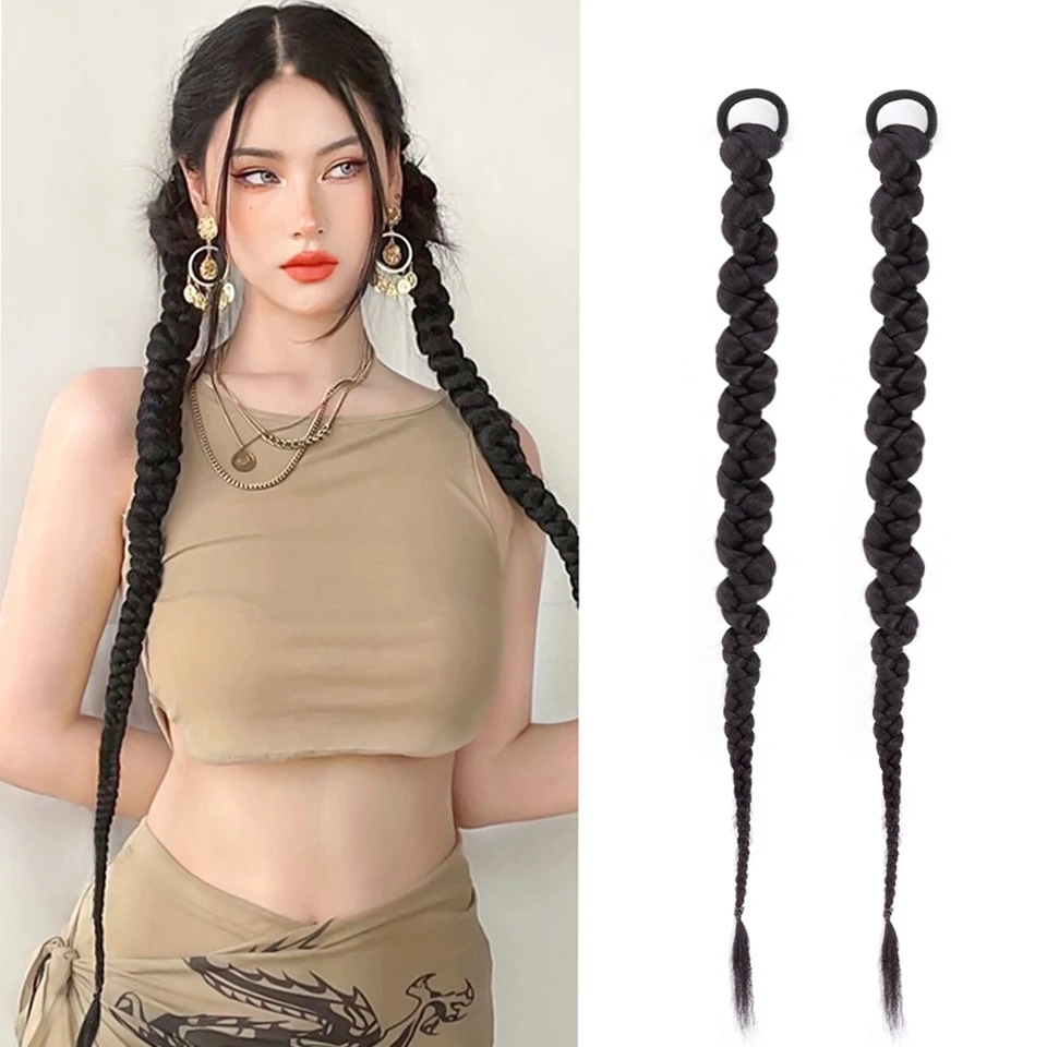 Synthetische Mode geflochtene Pferdeschwanz-Haarverlängerungen mit Haargummis für Frauen Twist Braid Personality Hot Girl Kink Braid Hip Hop