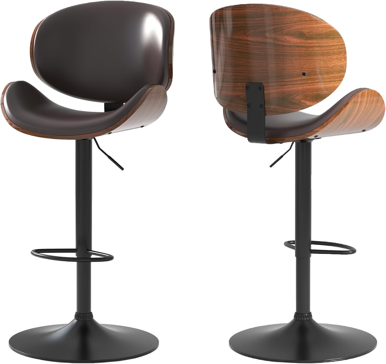 Adjustable Swivel Bar Stools Set of 2, Modern Bentwood Barstool with Large Metal Base and Footrest