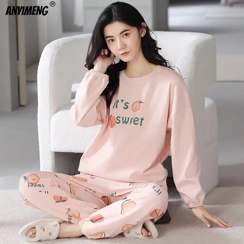 M-5XL ビッグサイズ秋春パジャマセット女性のためのかわいい印刷パジャマ女の子のファッション長袖 O ネック女性のパジャマ
