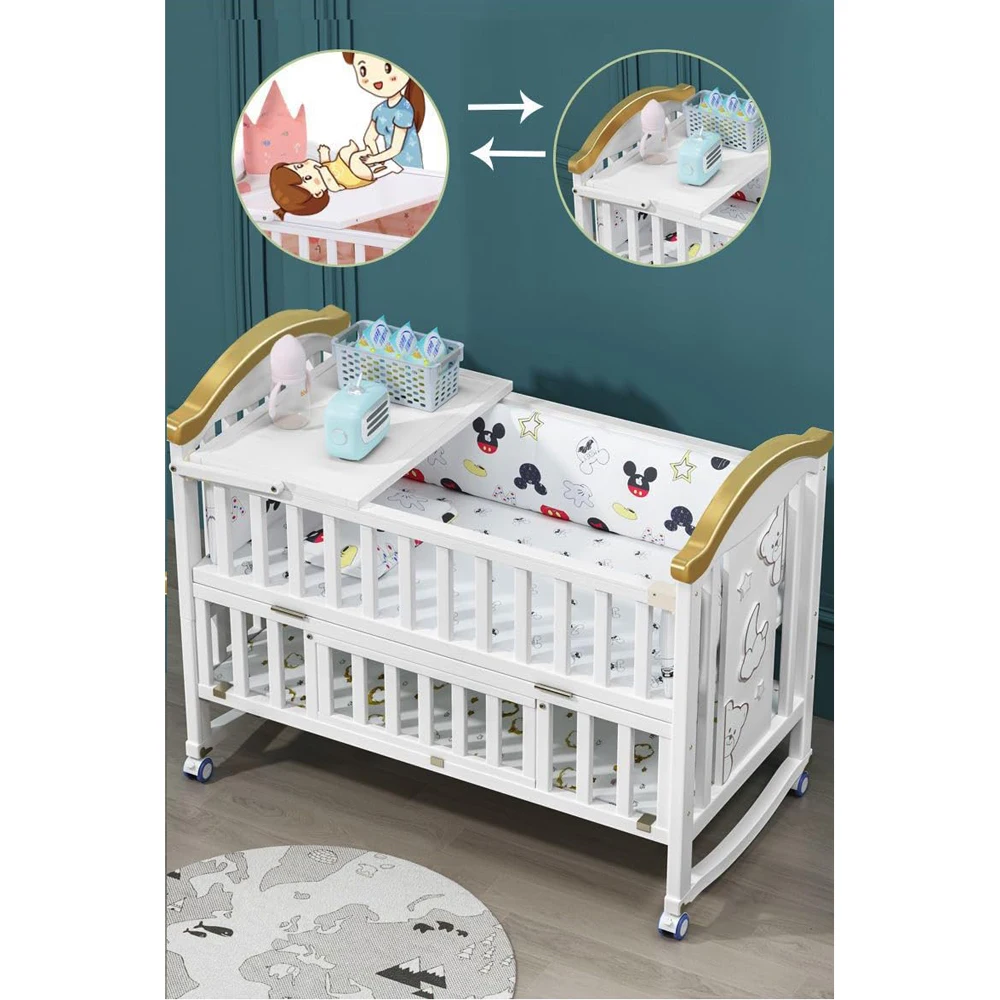 1.2 M Wood Baby Crib With Mosquito Net And Diaper Table , Bedding Set, Baby Cot, Bed, Rocker Mattress  Multifunctional Child Bed