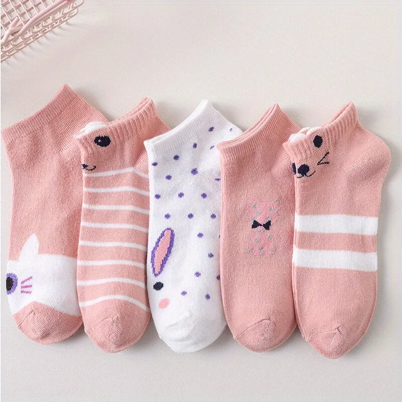 5 pares de calcetines para mujer Kitty Crew calcetines cortos calcetines con estampado creativo calcetines tobilleros lindos de gatito de dibujos animados