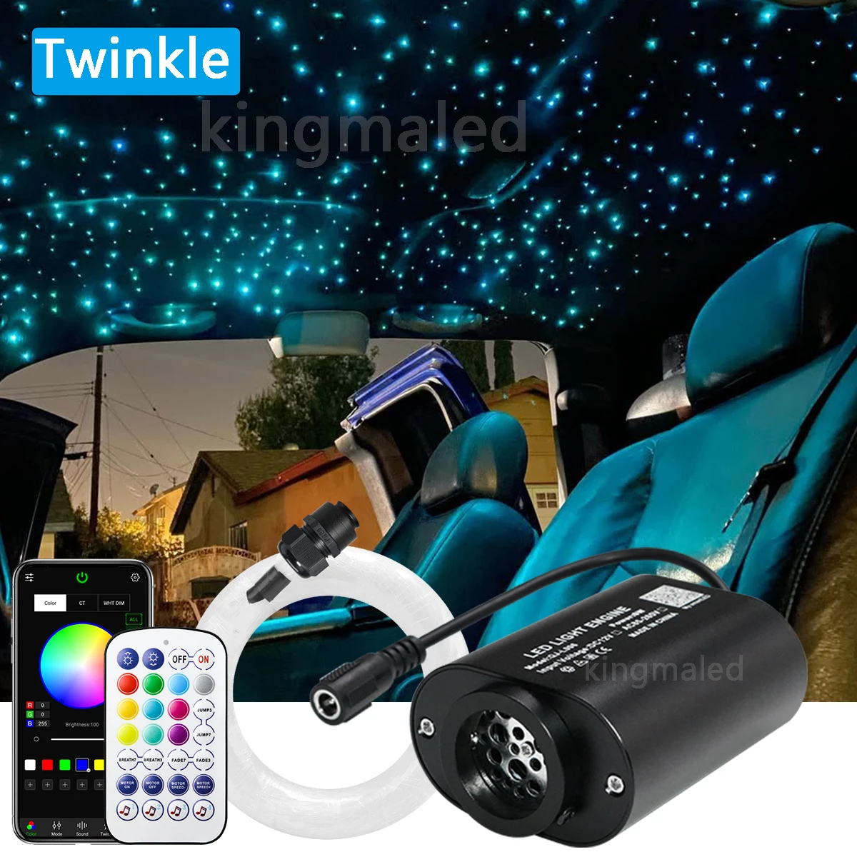 DC12V Mini 6W Twinkle RGBW Волоконно-оптические звездные потолочные светильники Комплект APP Sound Control Светодиодный двигатель для автомобиля Starry Sky Волоконно-оптический светильник