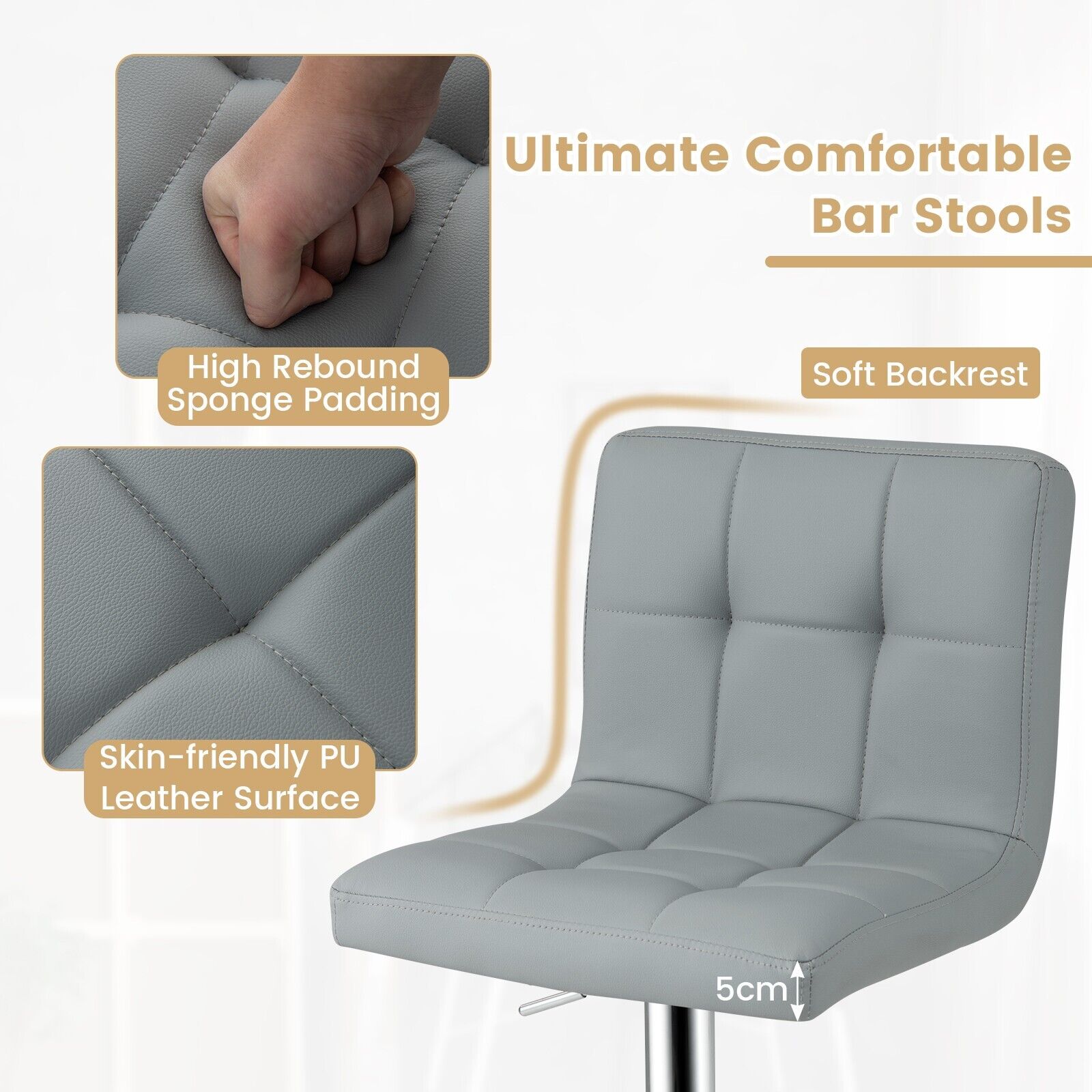 GOFLAME Set of 2 Bar Stool PU Leather Counter Height Chair 360° Swivel Adjustable Height