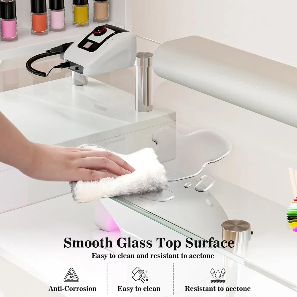 Manicure Table Nail Desk, Glass Top Nail Table Station Acetone Resistant w/Storage Drawers & Open Shelves, Nail tables