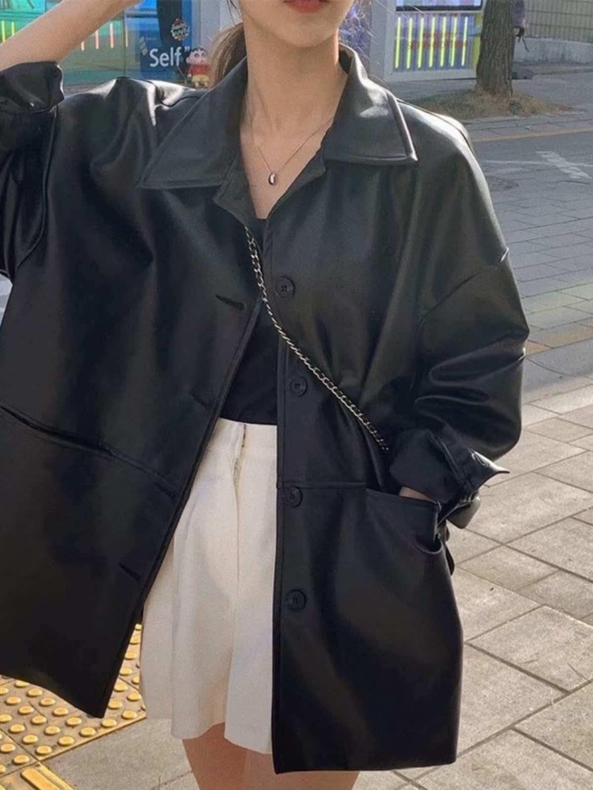 Jaqueta Fena de Couro PU Chique para o Verão, Casual, Solta, Manga Longa, Gola Dobrável, Botão Único, Estilo Moderno para...