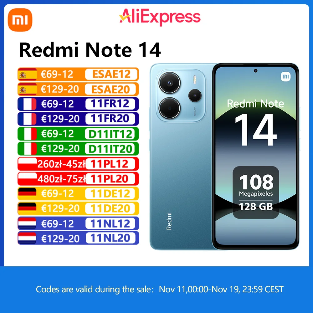 Xiaomi Redmi Note 14 4G, NFC, Helio G99-Ultra, Ecrã AMOLED de 6,67'', 120 Hz, Câmera IA de 108 MP, Carregador não Incluído