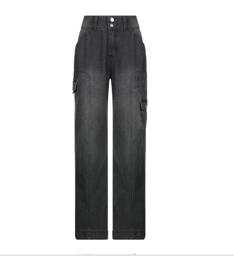 Jeans Casual de Cintura Alta com Bolsos Irregulares, Calça De Rua, Perna Reta, Torres De Chão, Roupa De Trabalho, Novo