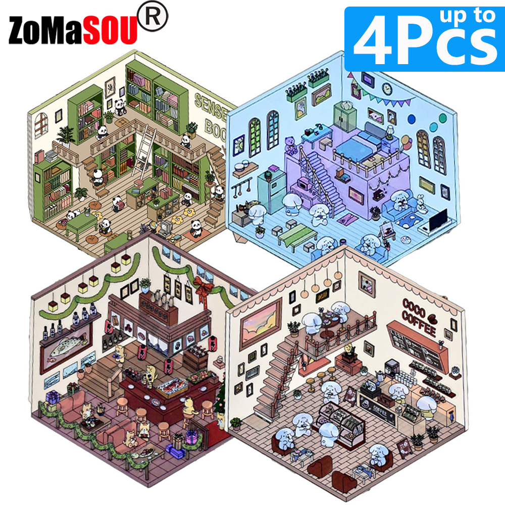 1-4 Uds pegatina de interés 3D lindo bolsillo de dibujos animados escena Diy paisajismo decoración pegatina apilamiento pegado regalo para chico estudiante