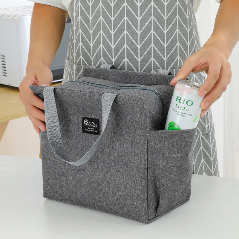 Saco de almoço impermeável de nylon com isolamento térmico, Grande capacidade, Bolso lateral duplo, Lancheira portátil, Sacos de armazenamento, Sacos de comida piquenique