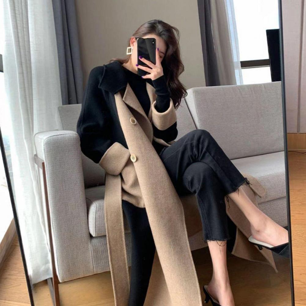 Abrigo de lana elegante con doble botonadura para mujer, abrigo de lana para otoño e invierno, abrigo de temperamento de Color contrastante de estilo largo para mujer