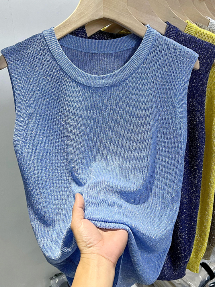 2025 夏の女性ニットグリーンタンクトップ女性薄型トップス基本カジュアルタンクトップ O ネック Tシャツノースリーブトップス女性のための