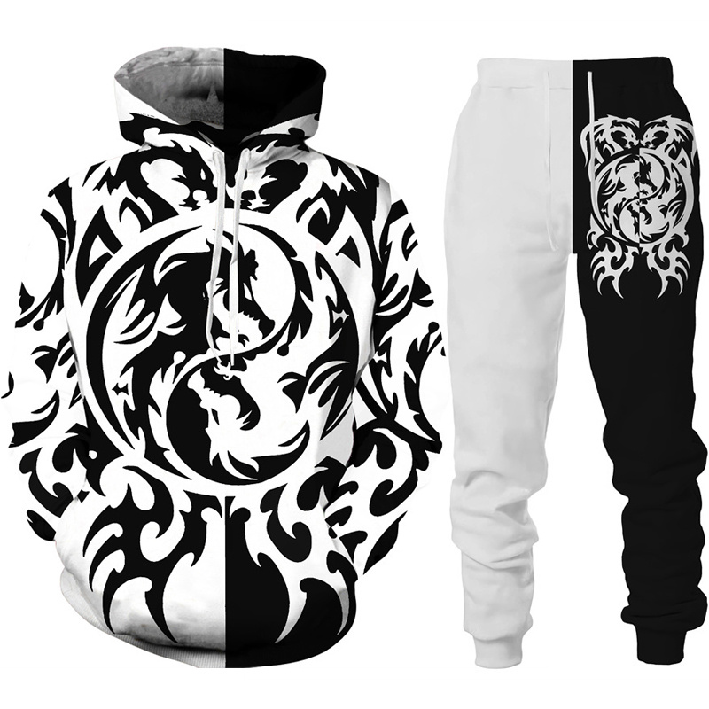 Retro Drachen Tattoo 3D-Druck Männer Frauen Trainings anzug setzt lässige Hoodie Hosen 2 stücke setzt übergroße Sweatshirt Mode Männer Kleidung