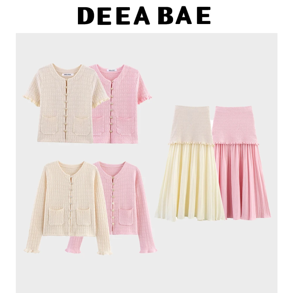 DEEABAE Herbst Und Winter Neue Rundhals Schnalle Dekoration Sanfte und Vielseitige Kurzarm Strickjacke Halb Rock Set