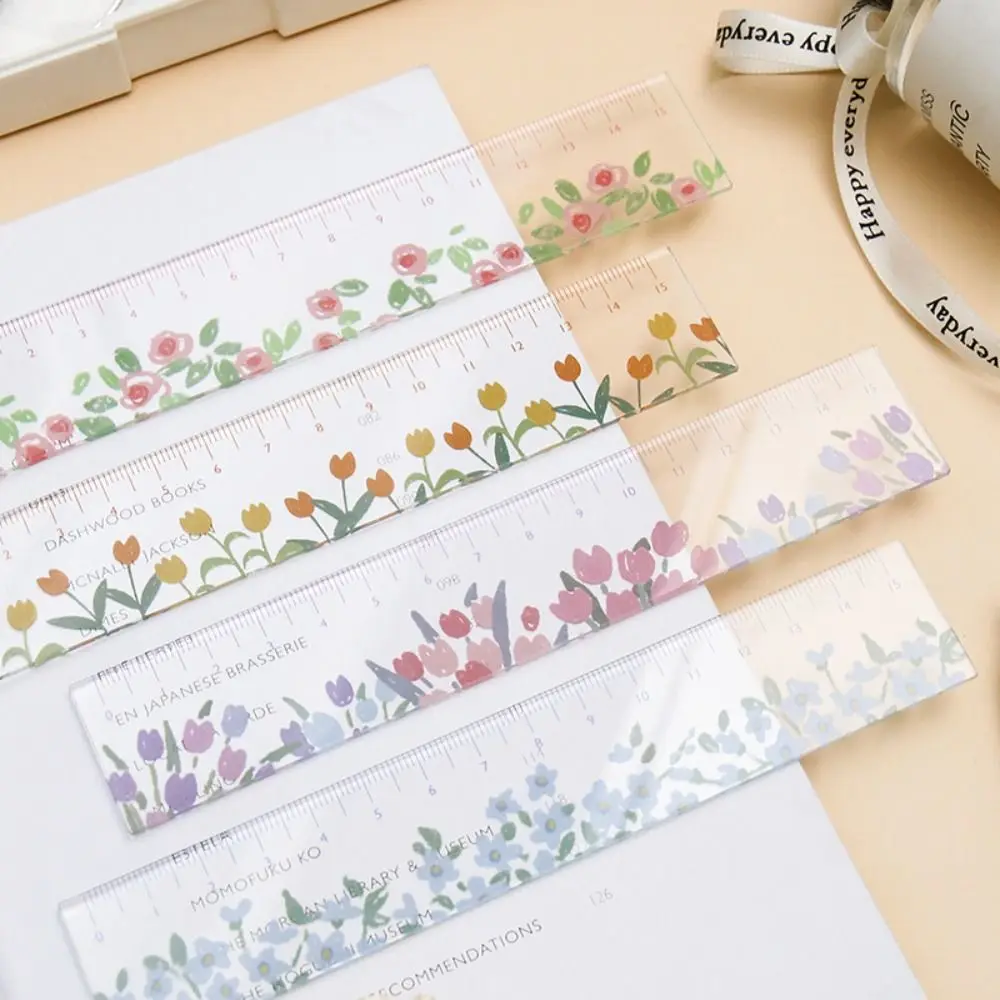 Creative Multifunction 15cm Straight Ruler Transparent Acrylic DIY Drawing Tools Tulip Double-duty Dividing Ruler Student