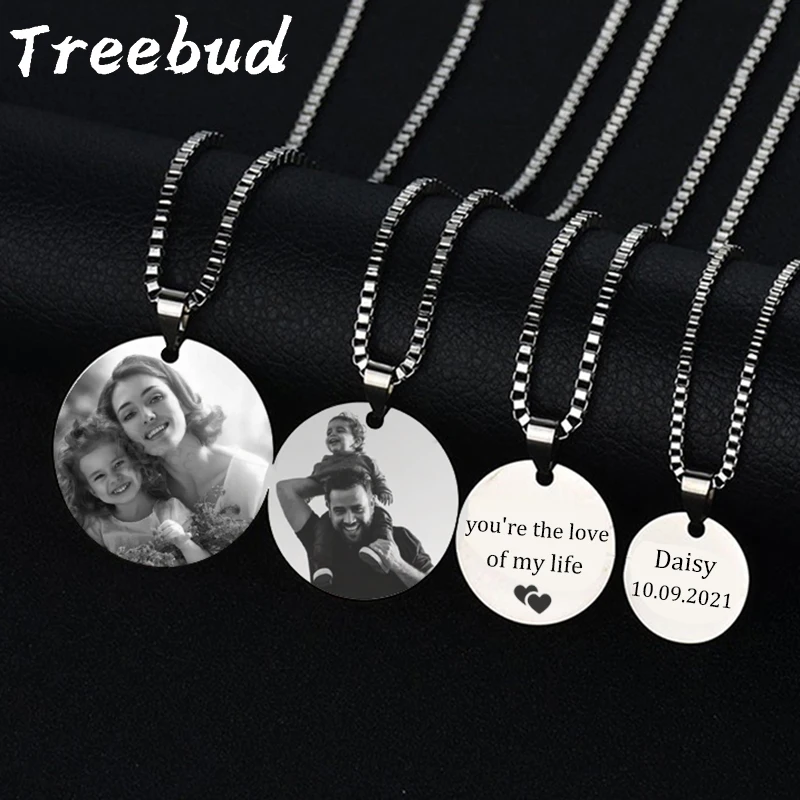 Treebud-collar con colgante redondo con foto personalizada, collares con texto de imagen grabado con láser de acero inoxidable, regalos para mamá y papá, joyería familiar