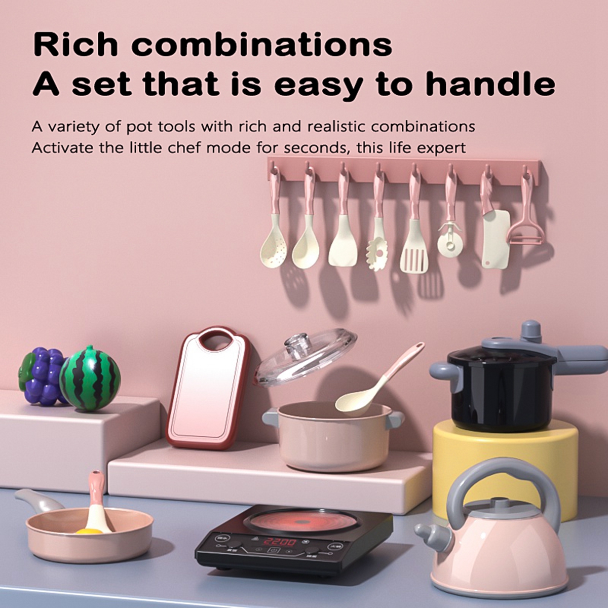 Acessórios de brinquedo de cozinha infantil, conjunto de jogo de cozinha com panelas e frigideiras, utensílios de cozinha brinquedos, conjunto de comida de jogo, vegetais de brinquedo