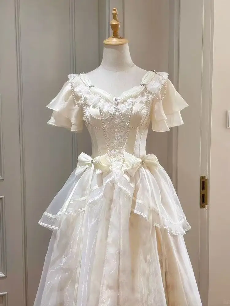 Estilo floresta doce vintage arco design vestido feminino fino ajuste a linha vestido longo francês elegante fada princesa roupas de baile 2025