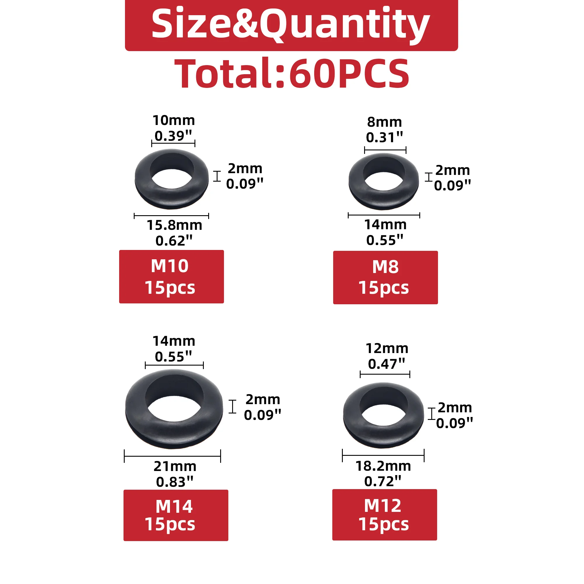 60 Stück schwarze O-Ring-Gummi-Unterlegscheiben-Dichtung, Dichtungstülle, Sortiment-Set, elektrische Dichtung, O-Ring-Dichtungen, Werkzeug-Set, 8, 10, 12, 14 mm