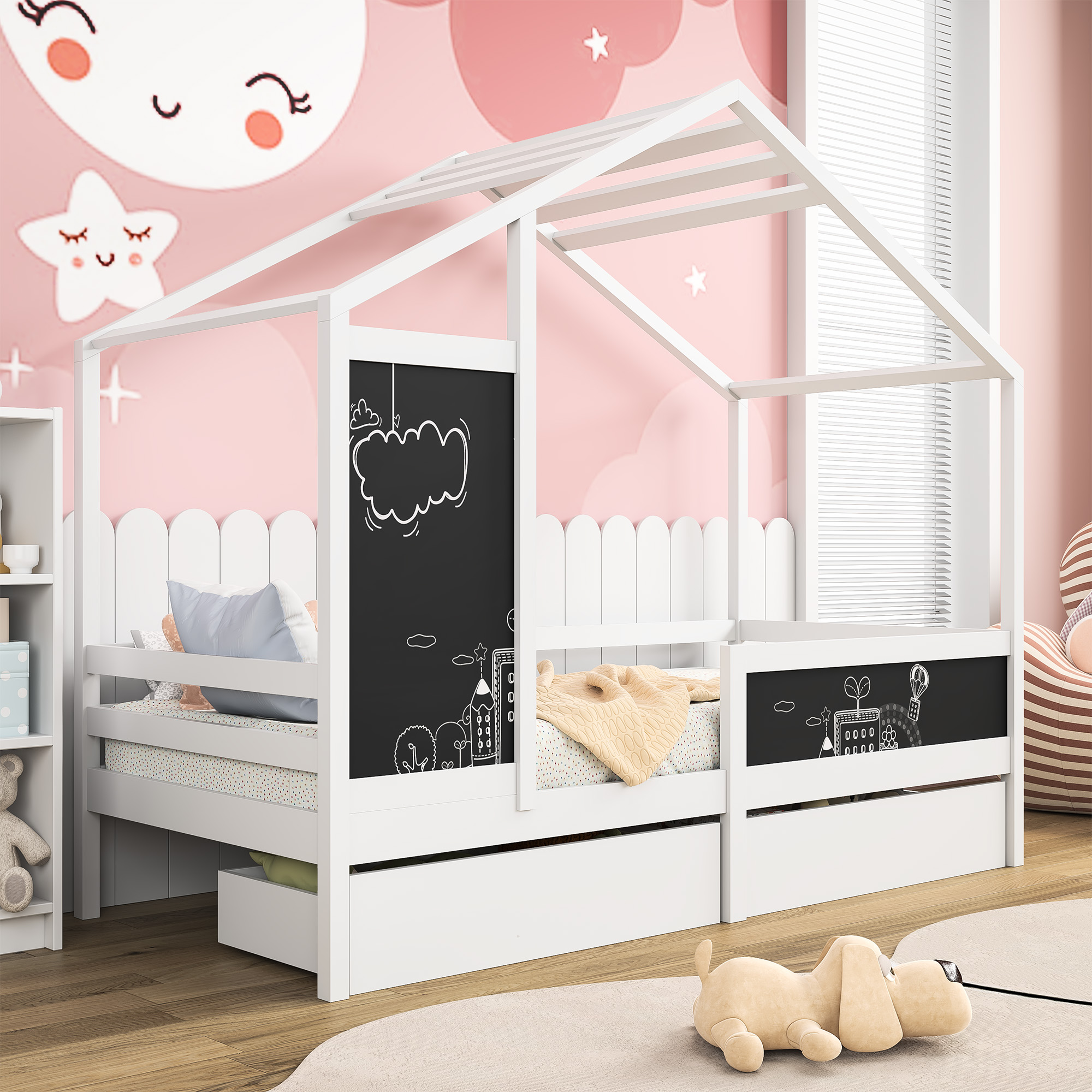 Casa cama infantil 90 x 200 cm, cama de madera con pizarra y 2 cajones, madera maciza con valla y somier de láminas