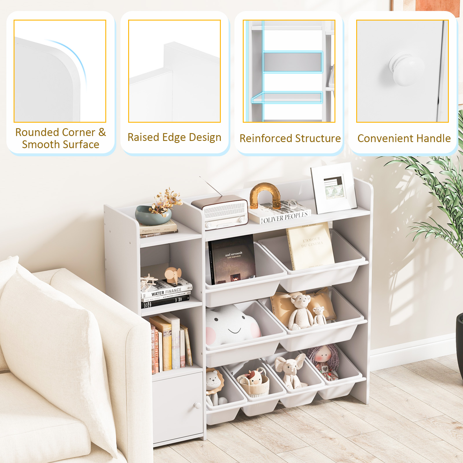 4-Tier Kids Toy Storage Organizer Bookshelf with 8 Toy Organizer Bins Door
