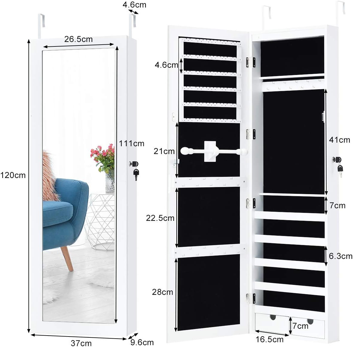 Mueble para joyería con 15 luces LED, mueble con espejo con puerta y montaje en pared, joyero con espejo de longitud completa