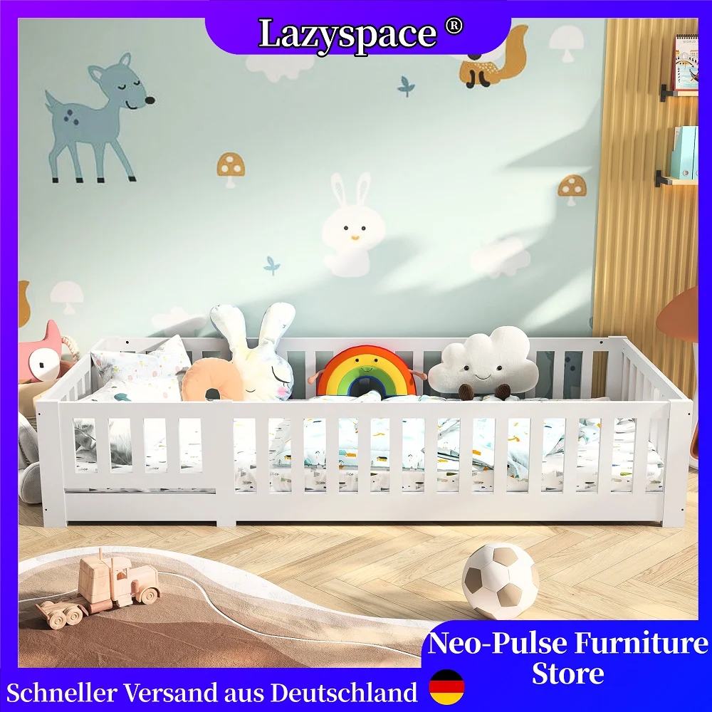 Cama infantil Lazyspace com proteção contra quedas, cama de chão Montessori 90x200cm, estrutura de ripas para meninos e meninas, madeira de pinho maciça