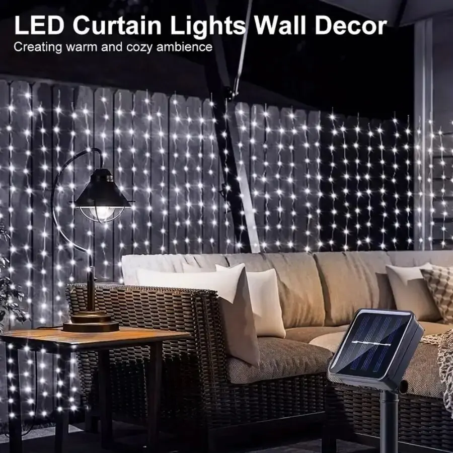 1 cortina de luces solares, 300/200/100LED, luces de hadas impermeables para exteriores/interiores, para Festival, luces LED de Año Nuevo, Navidad