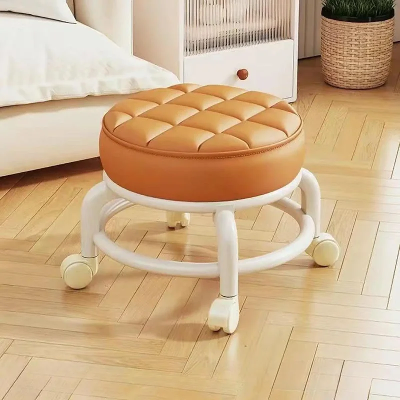 Sgabello con rotelle in pelle PU con ruote - Ottomano portatile rotondo resistente all'umidità, cuscino del sedile ispessito, sgabello a basso profilo per Vani