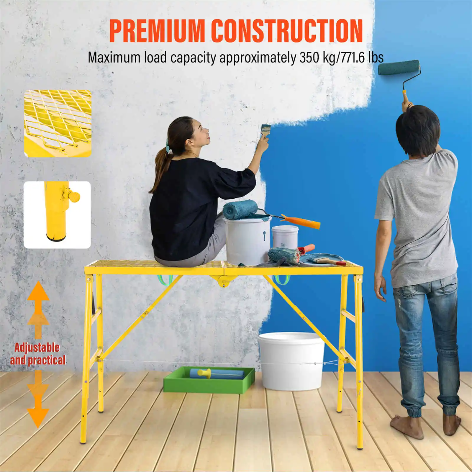 Portable Scaffolding, 770lb Capacity Workbench Step Ladder, Adjustable Height 27.6 to 45.7in Scaffolding Equipment (Yellow)