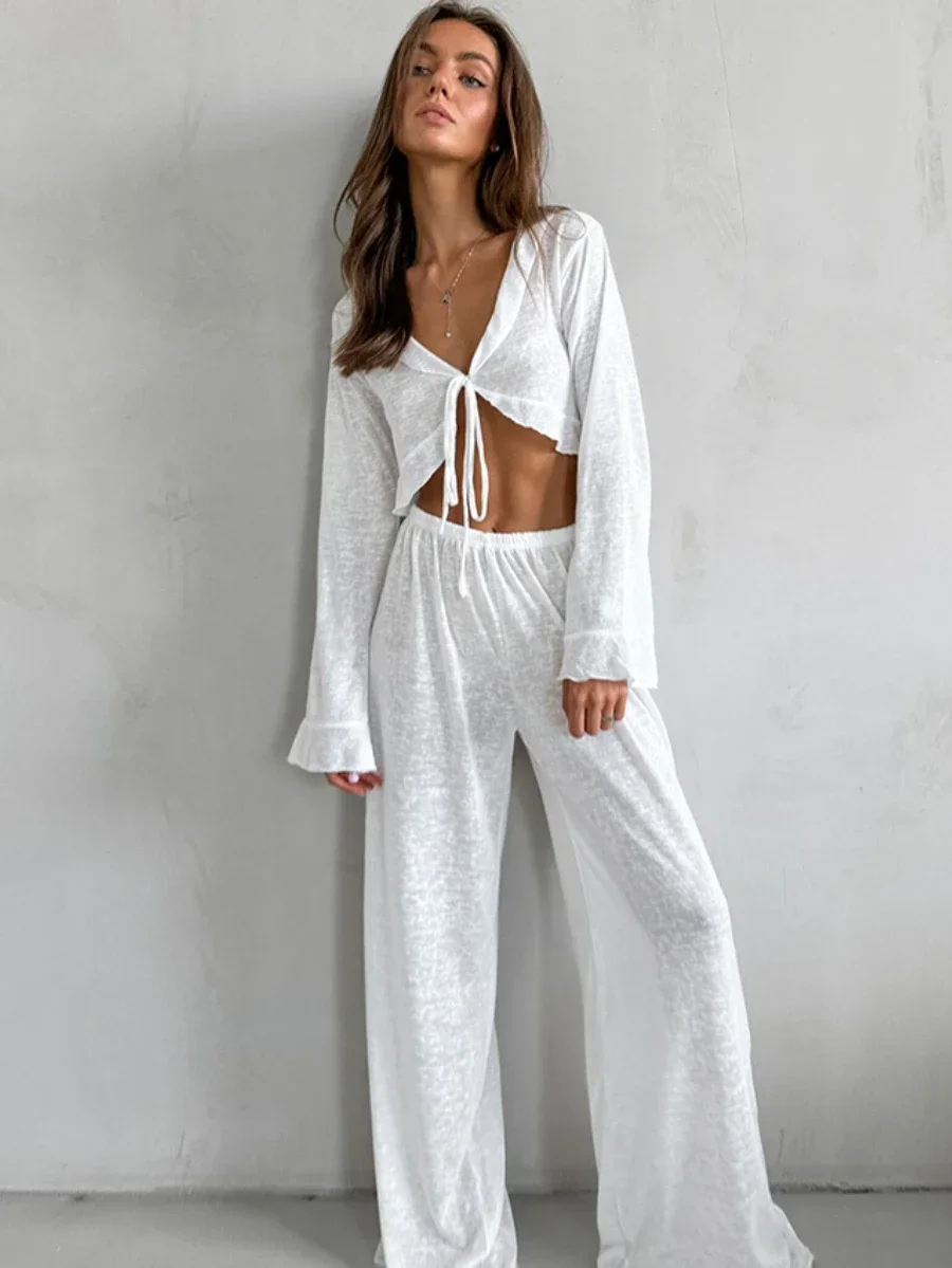 Mozuleva, conjunto de pantalones de manga larga informales sueltos de verano para mujer, ropa de hogar suave y cómoda a la moda, conjunto de pijamas básicos de Color sólido