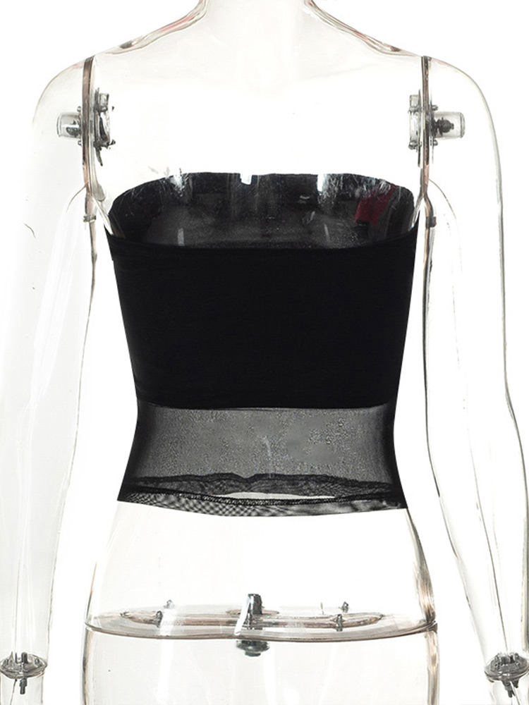 Mesh Korsett Schwarz Crop Top Frauen Patchwork Rohr Top Sexy Ärmel Off Schulter Cami Sommer Streetwear Schlank Liebsten Tank Tops