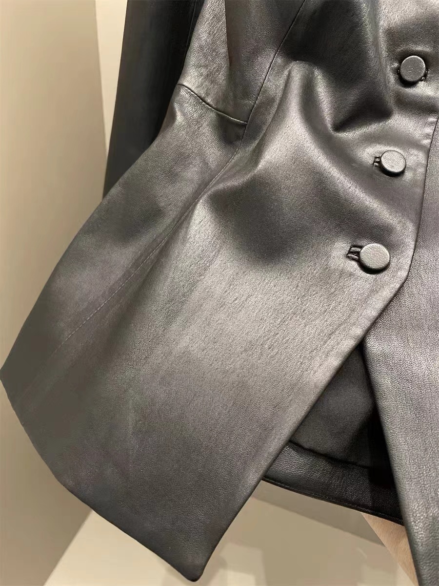 Cardigan de pele de carneiro genuíno para mulheres, jaqueta de couro stretch, roupas apertadas luxuosas, tops com gola em U, V Hem, couro genuíno, 2024