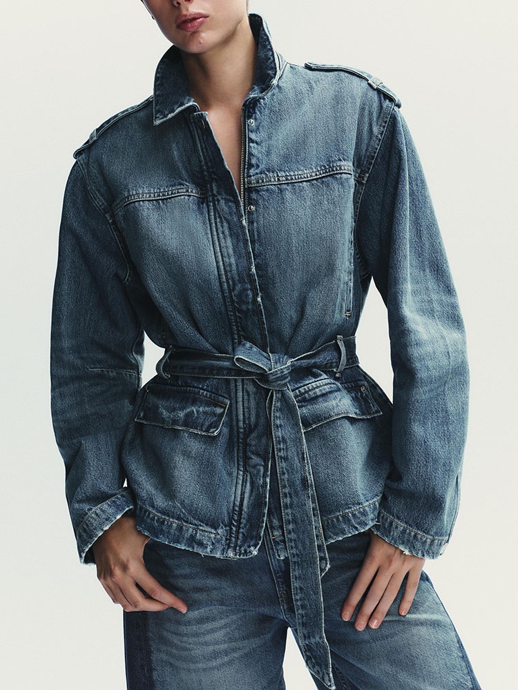 Jaqueta Longa de Jeans Fena da Moda Outono 2025 com Cinto, Nova Chegada E, Confortável, Roupa Externa, Traje Étnic...