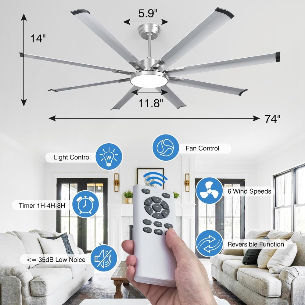74" Large Ceiling Fan, Industrial Ceiling Fan, 8 Aluminum Blades Reversible Quiet DC Motor, Ceiling Fans with Lights and Remote,