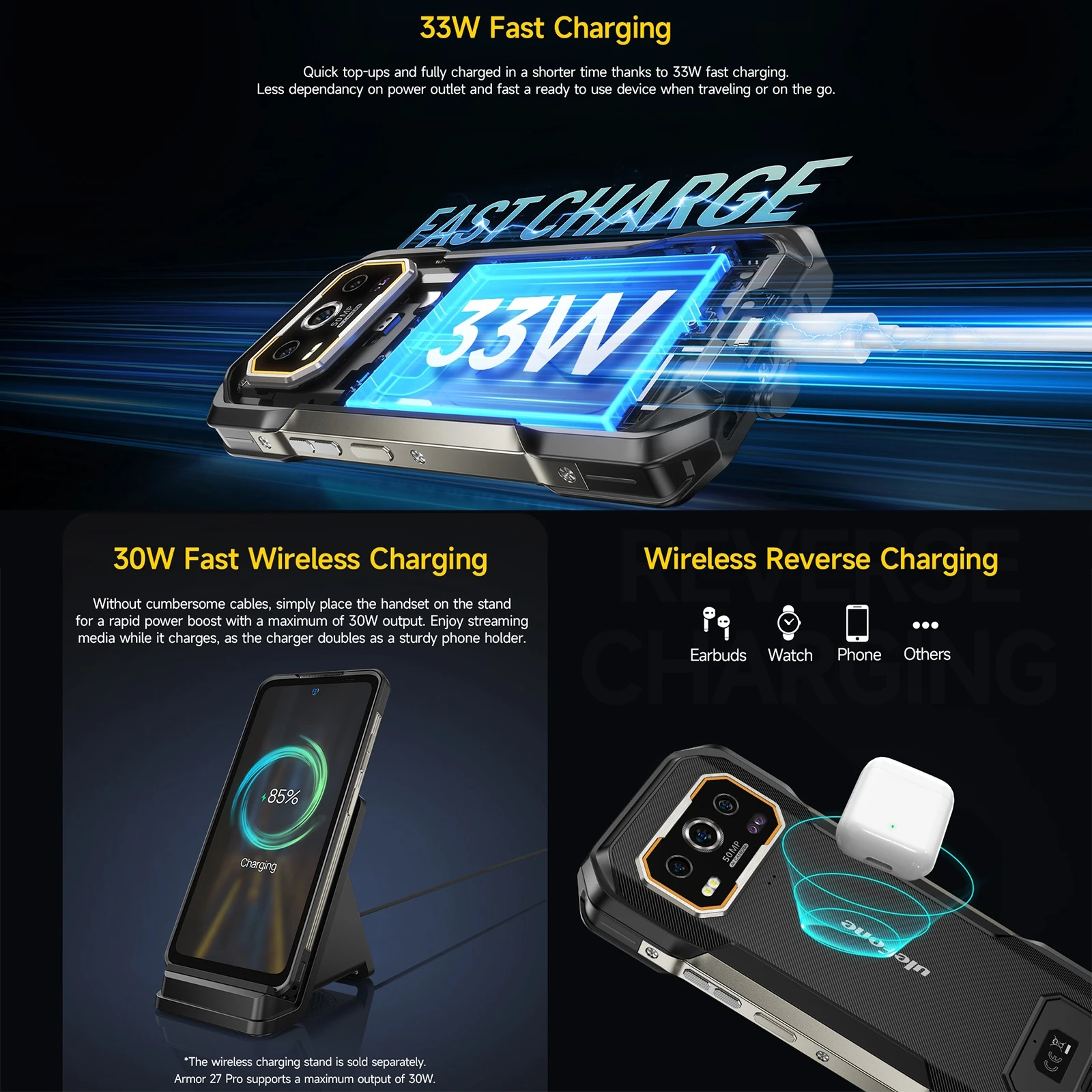Ulefone Armor 27 Pro 5G 頑丈な電話 10600mAh スマートフォン 50MP カメラ 64MP ナイト Android 14 最大 24GB + 256GB NFC 防水電話