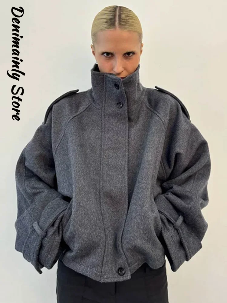 Moda curto casaco de lã feminino gola único peito manga cheia solta jaqueta feminina 2025 outono sólido senhora do escritório outwear