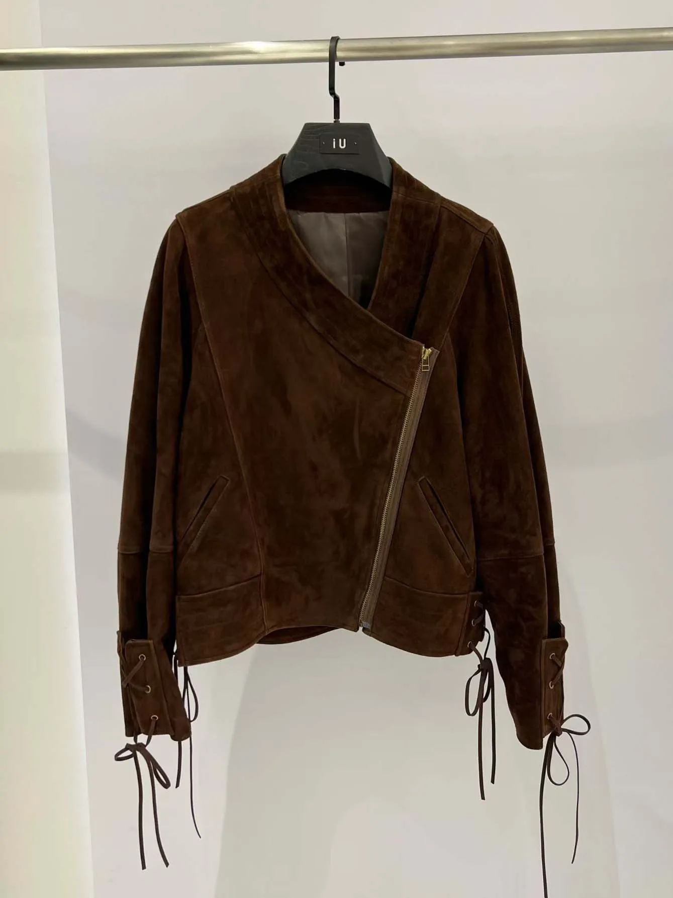 Manteau rétro en daim et cuir pour femme, veste d'automne et d'hiver en peau de mouton véritable, café surdimensionné, vêtements d'extérieur, poignets croisés