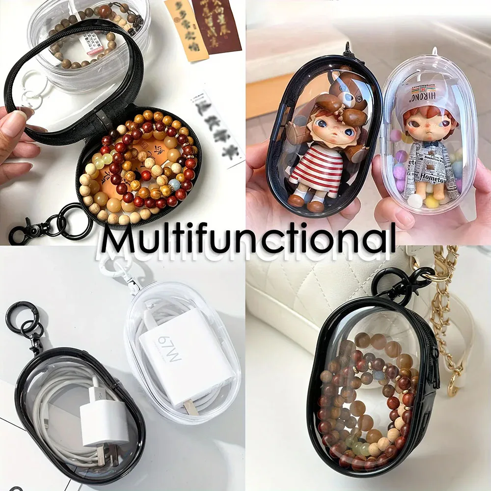 2PCS Portable Clear Zipper Storage Bag With Keychain Loop PVC Transparent Storage Box For Earphones Chargers Jewelry Cute Dolls