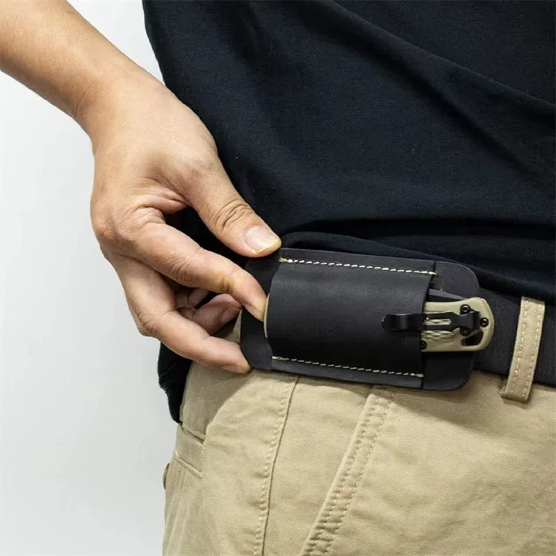 ยุทธวิธีกลางแจ้งหนังมีด Sheaths EDC หนัง Sheath สําหรับมีดพับ Carrier มีดมินิไฟฉายหนัง Holster