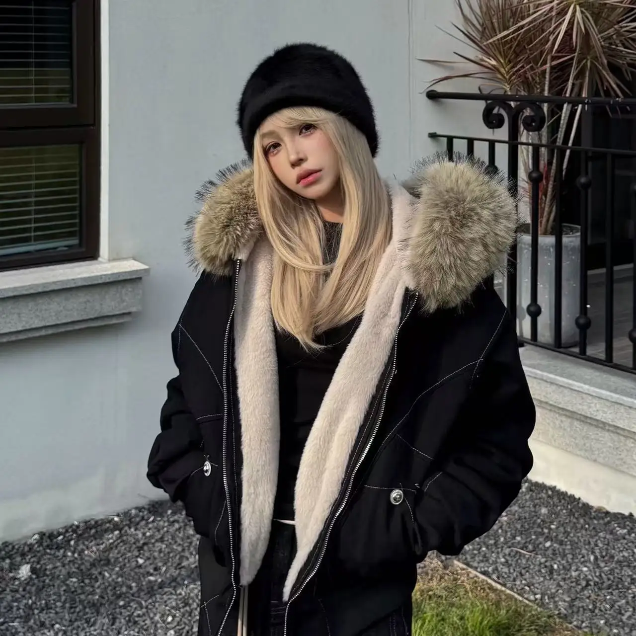 Jaqueta americana retrô com gola de lã, moda de inverno, estilo escolar pequeno, design com capuz, jaqueta curta de algodão