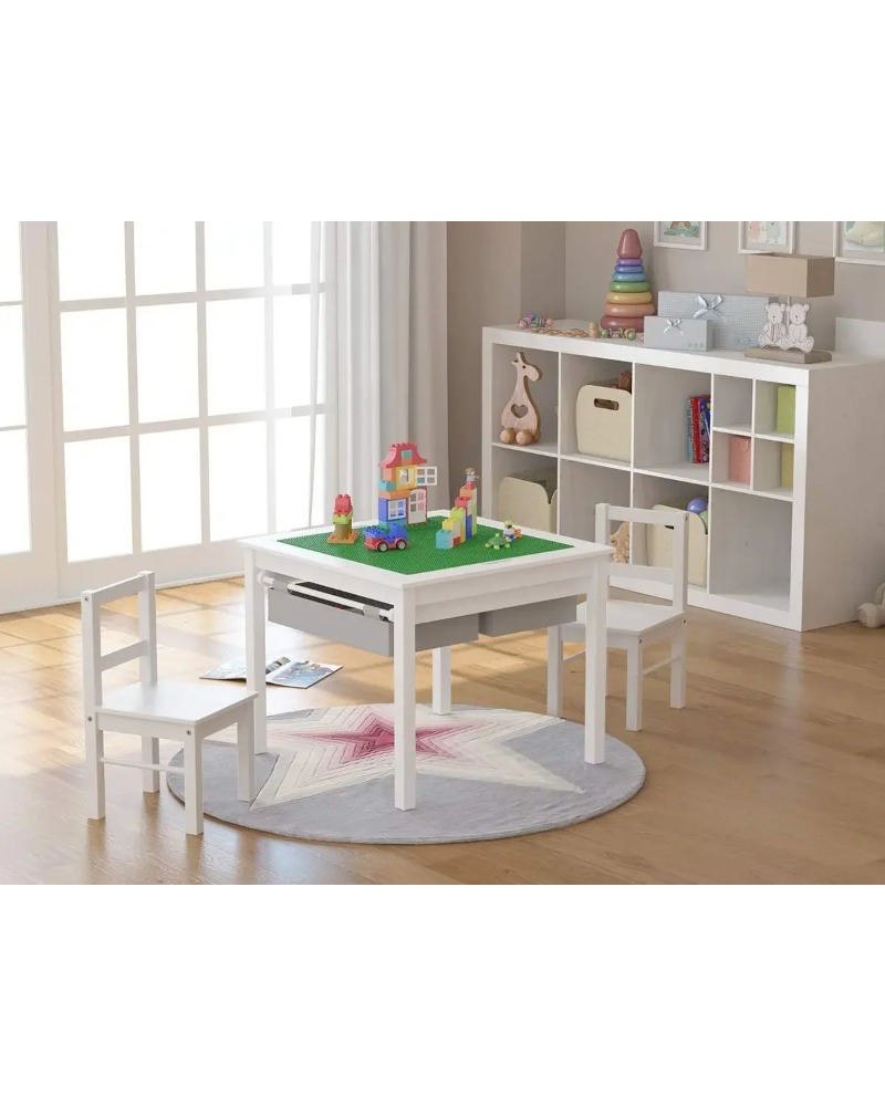Dual-Purpose Wooden Kids Construction Table with Storage and Chairs, LEGO-Compatible