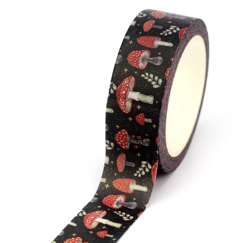 Nuevo 1 unidad 10M Deco setas rojas hoja Beige sobre cinta Washi negra para pegatinas de diario cinta adhesiva papelería bonita