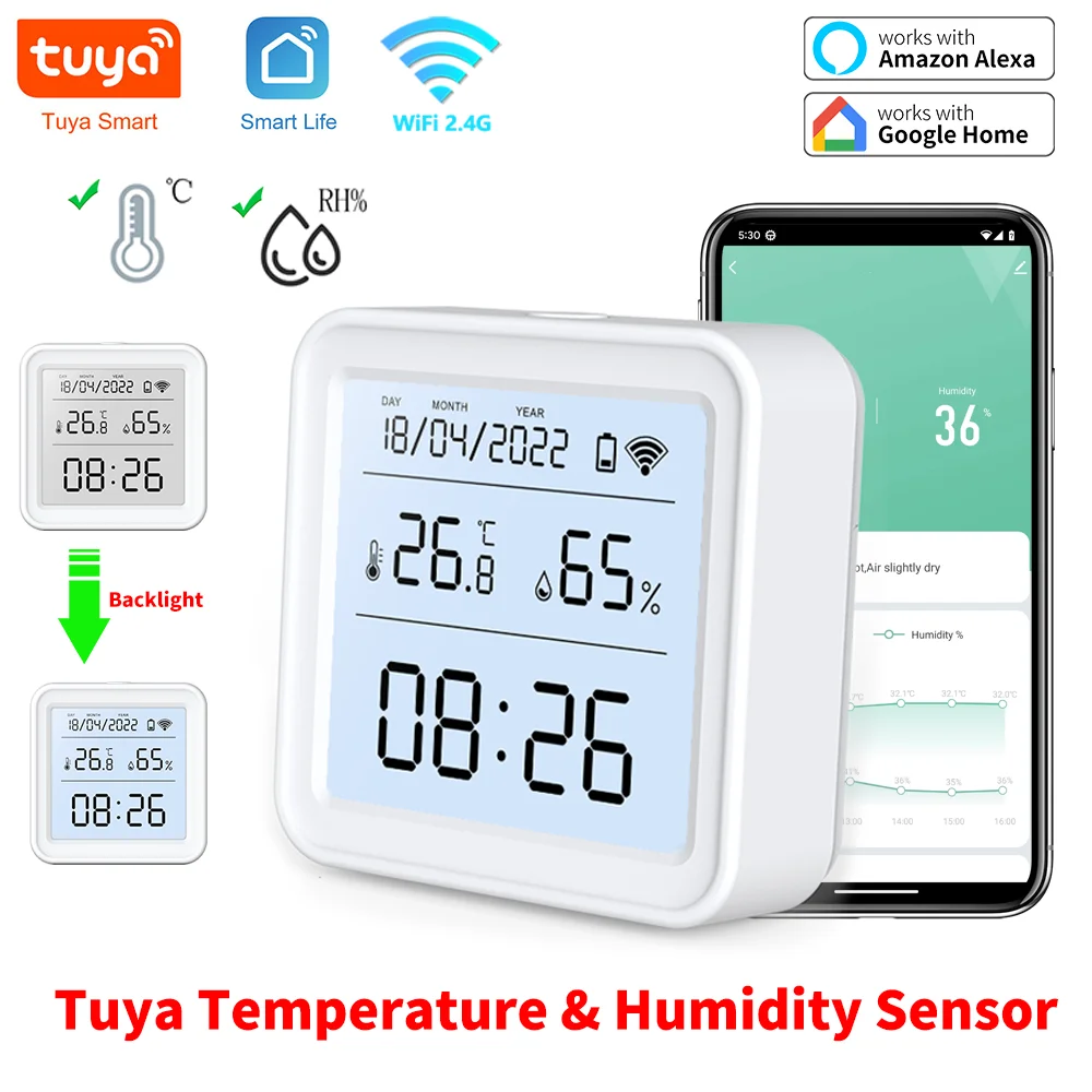 Датчик Температуры И Влажности Smart Life Wi-Fi Со Светодиодной Подсветкой Совместимость С Tuya Alexa Google Home Поддержка Д...