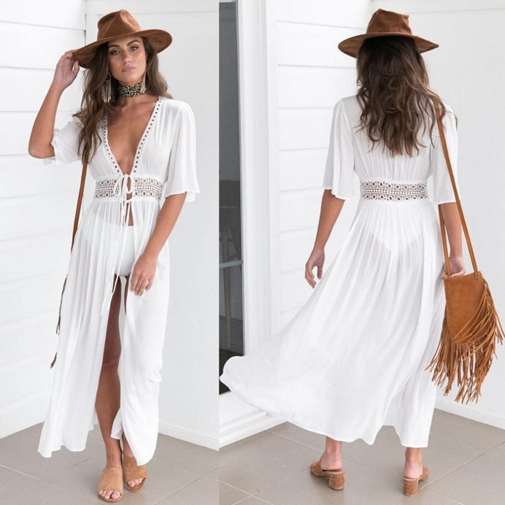 Vestido de verano para mujer, traje de baño bohemio de encaje para playa, Bikini para cubrir, blusa larga con cordones, cárdigan con protección solar calado, chal