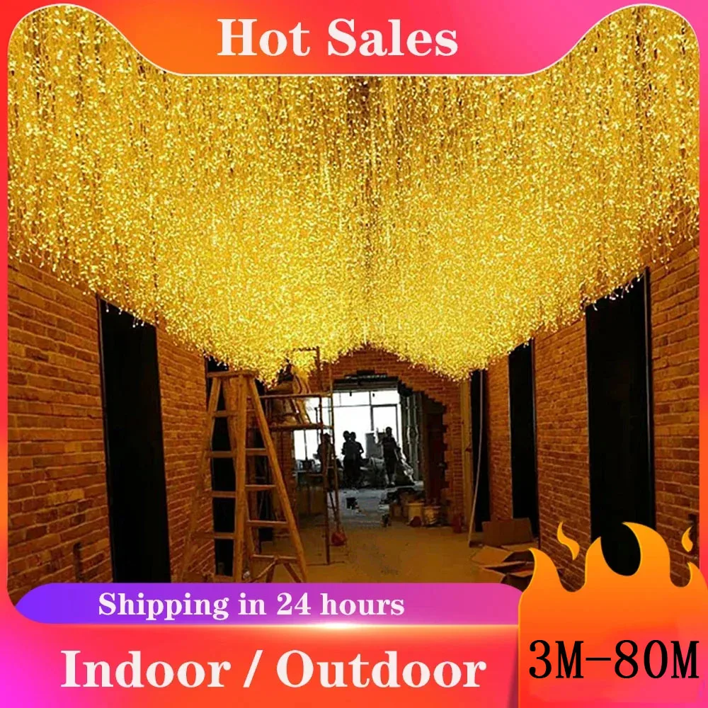 Guirnalda de luces de hadas impermeables para exteriores, adornos navideños de Ramadán para cortina LED, guirnalda de calle de carámbanos en la casa, invierno